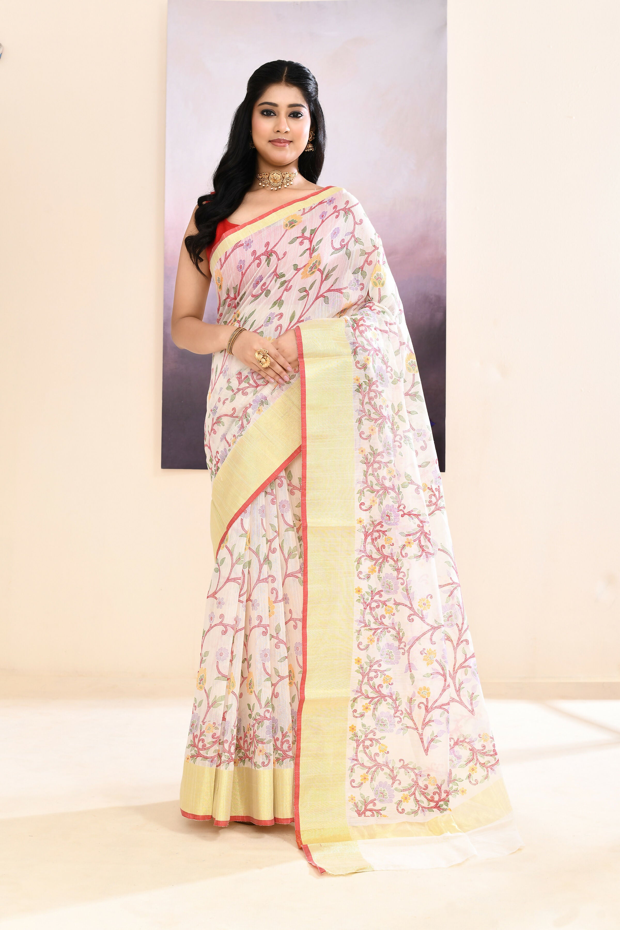 Piyari Fashion Women's White Embellished Cotton Blend Printed Saree - Dista