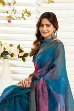 Thumbnail for Vastranavya Teal Digital Printed Linen Ready To Wear Designer Saree with Unstitched Blouse - Distacart