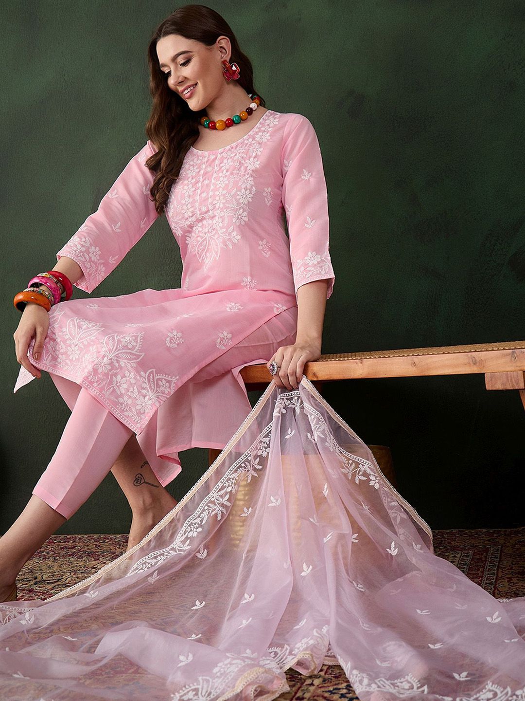 Sangria Pink and White Floral Embroidered Thread Work Cotton Kurta & Trouser With Dupatta - Distacart