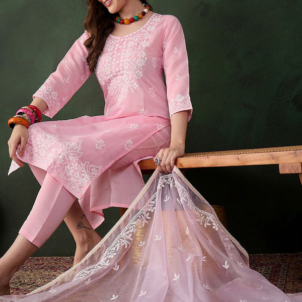 Sangria Pink and White Floral Embroidered Thread Work Cotton Kurta & Trouser With Dupatta - Distacart