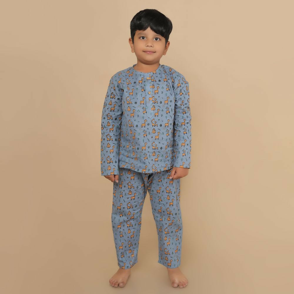 Breathables Kids Cotton Giraffe Print Night Suit | Kurta & Pants Co-Ord Set | Full Sleeves | Boys & Girls Nightwear & Loungewear – Grey - Dista
