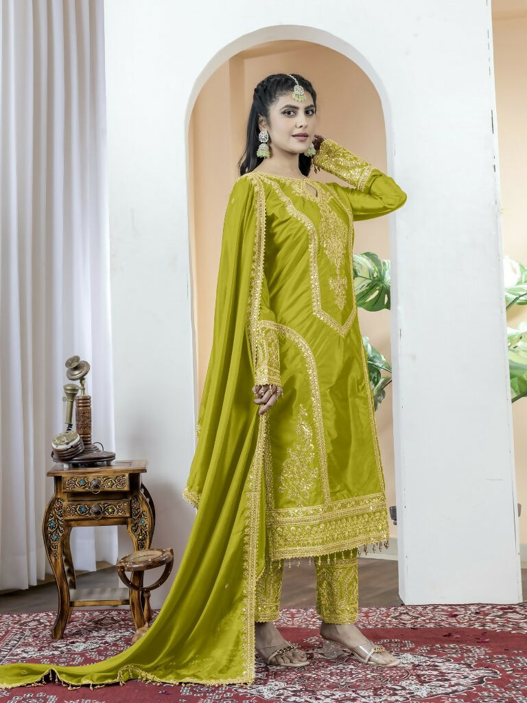 Teeya Creation Pista Green Color Chinnon Silk Embroidery Work Fully Stitched Salwar Suit