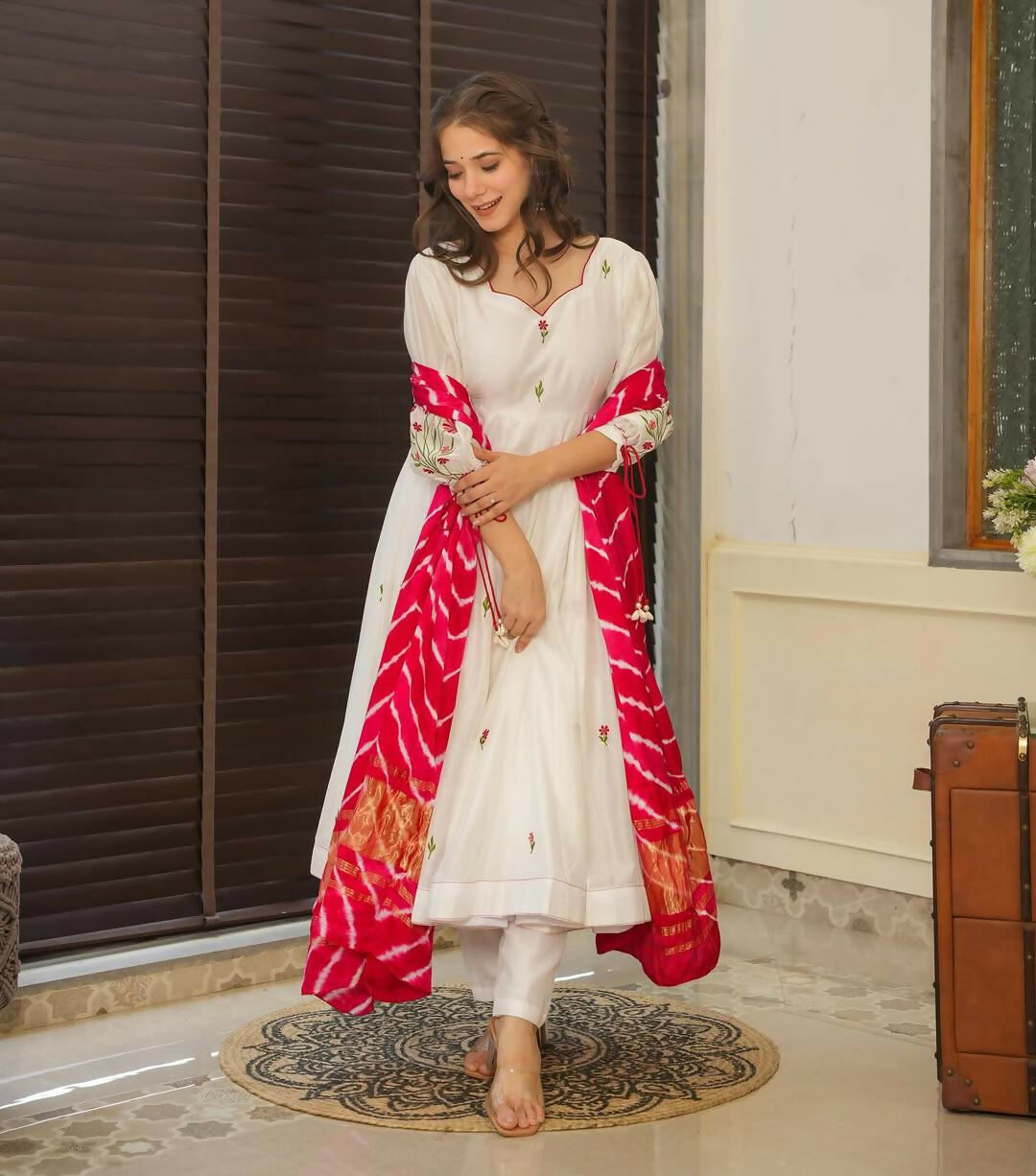 The52 Off White Women's Beautiful Chanderi Fabric Thread work Flared Anarkali with Pant And Dupatta Set