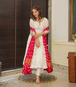 Thumbnail for The52 Off White Women's Beautiful Chanderi Fabric Thread work Flared Anarkali with Pant And Dupatta Set