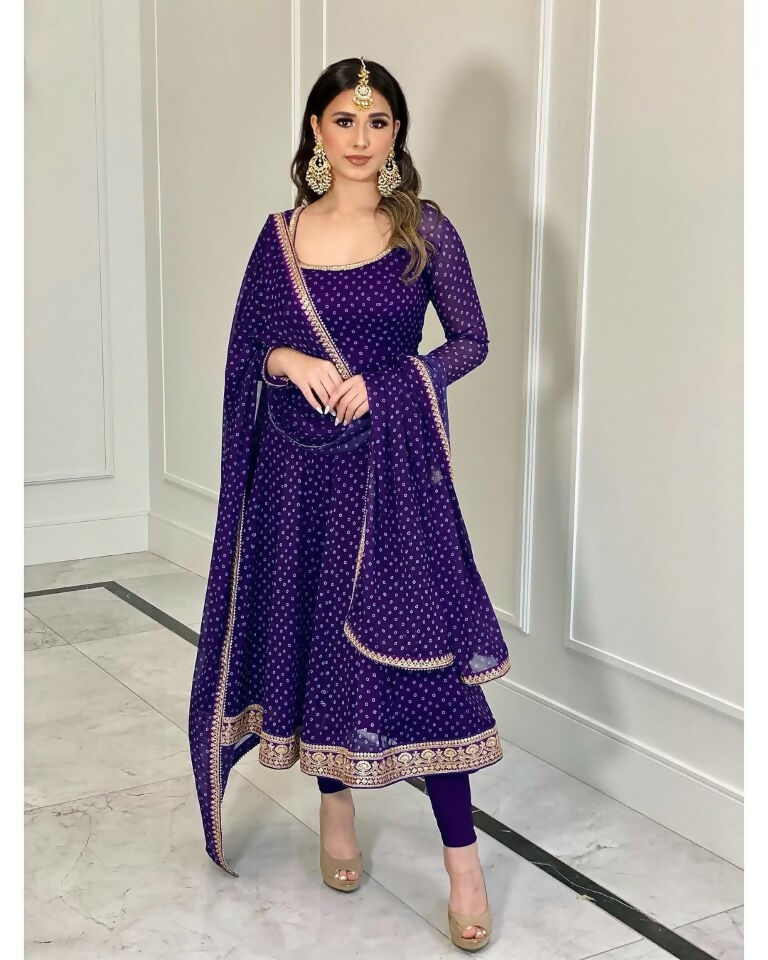 Teeya Creation Purple Color Bandhani Print With Embroidery Work Functional Wear Gown