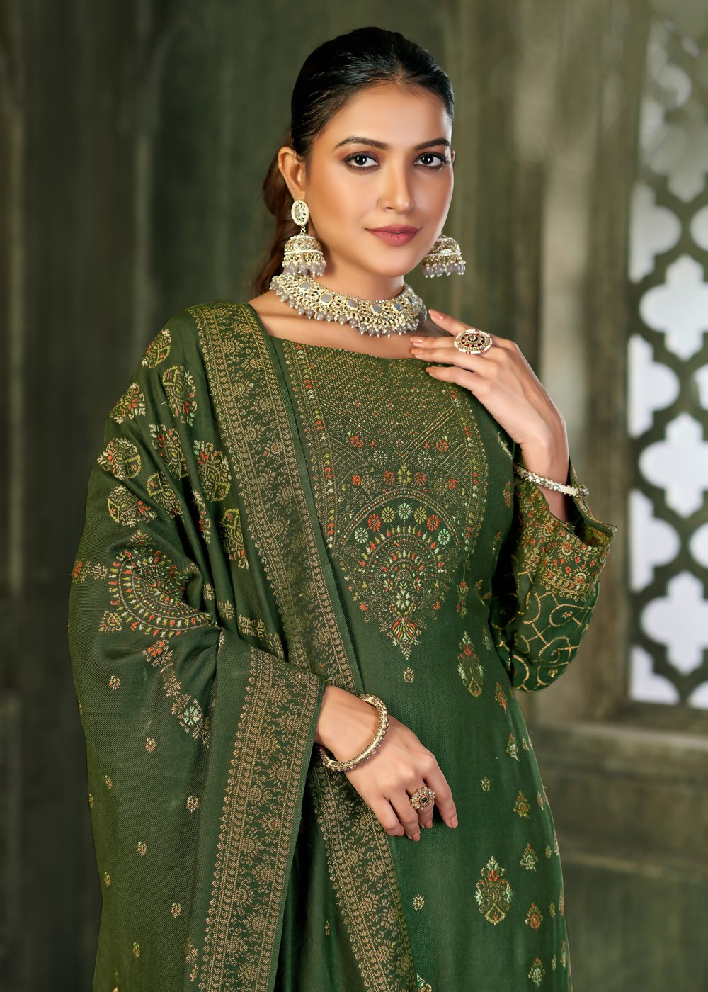 Green Viscose Pasmina Mina Work Kurta & Bottom with Dupatta - Natasha - Distacart