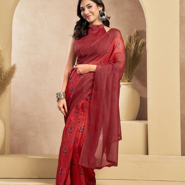 Vastranavya Rust Digital Printed Linen Ready To Wear Designer Saree with Unstitched Blouse - Distacart