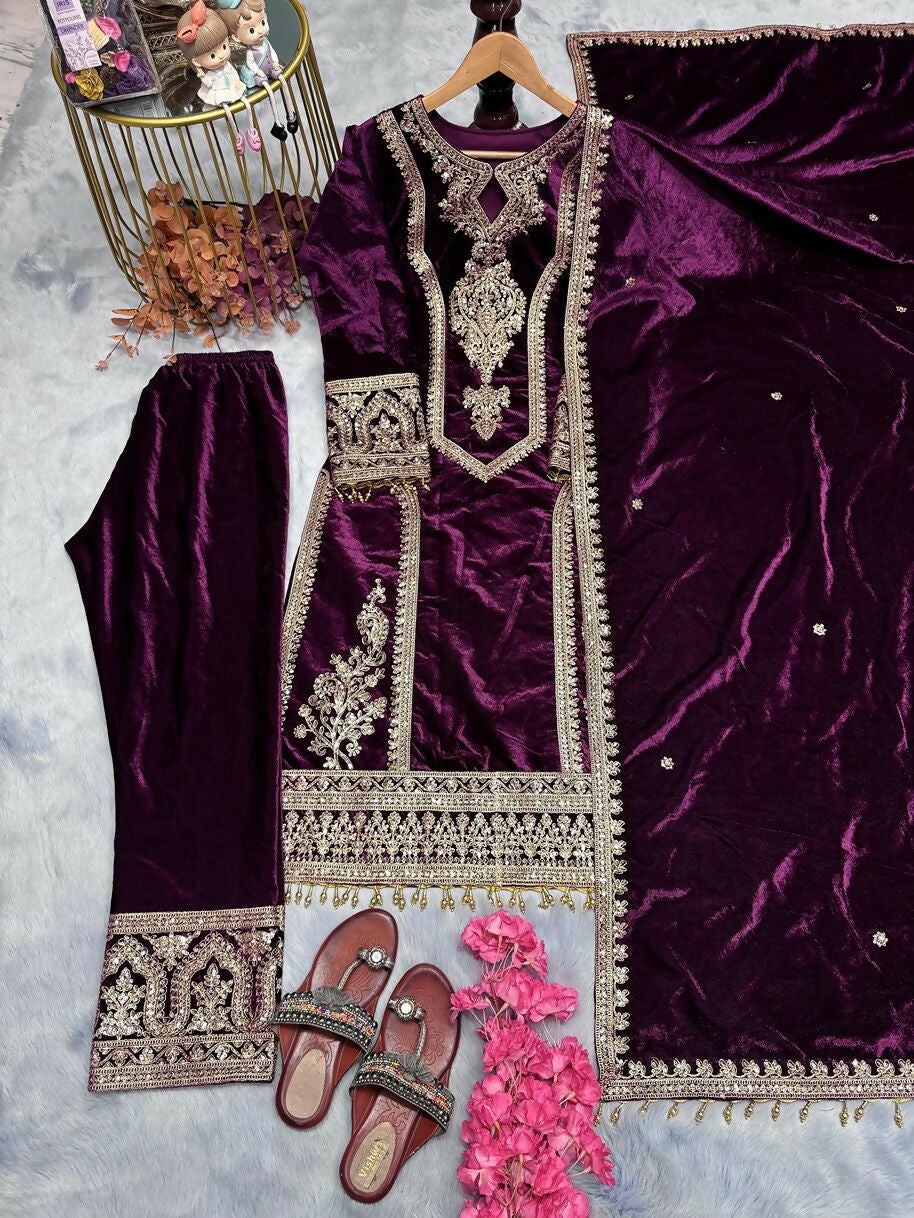 Teeya Creation Purple Color Velvet Fabric Designer Embroidery Work Suit