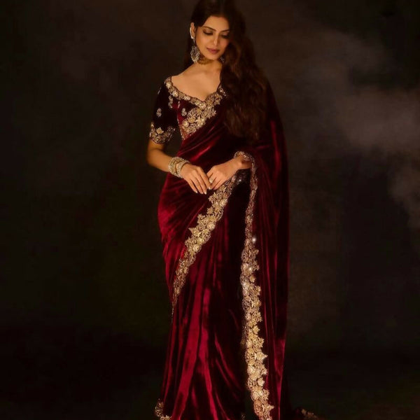 Joban Fashion Maroon 9000 Velvet Party Wear Sarees - Distacart