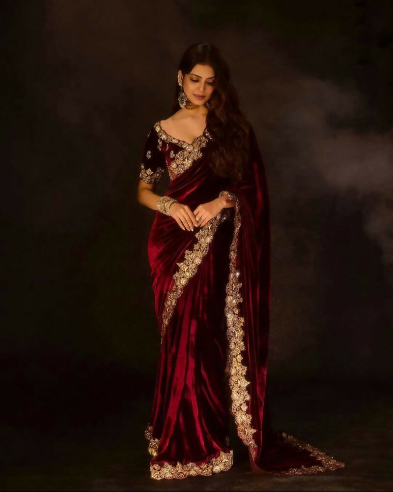 Joban Fashion Maroon 9000 Velvet Party Wear Sarees - Distacart