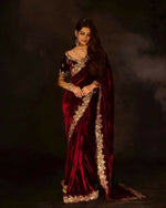 Thumbnail for Joban Fashion Maroon 9000 Velvet Party Wear Sarees - Distacart