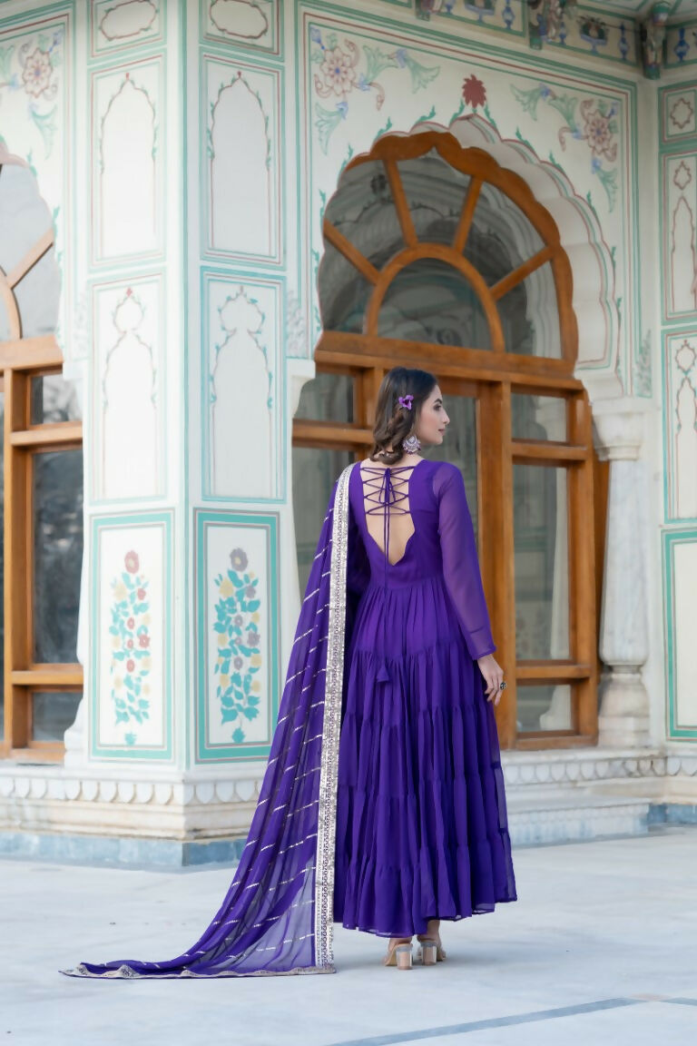 Aastha Fashion Women's Purple Faux Georgette 5 Layer Frill Work Anarkali Dress with Dupatta - Distacart