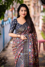 Thumbnail for Grey Slub Silk Printed Saree with Unstitched Blouse - Hiral Fashion - Distacart