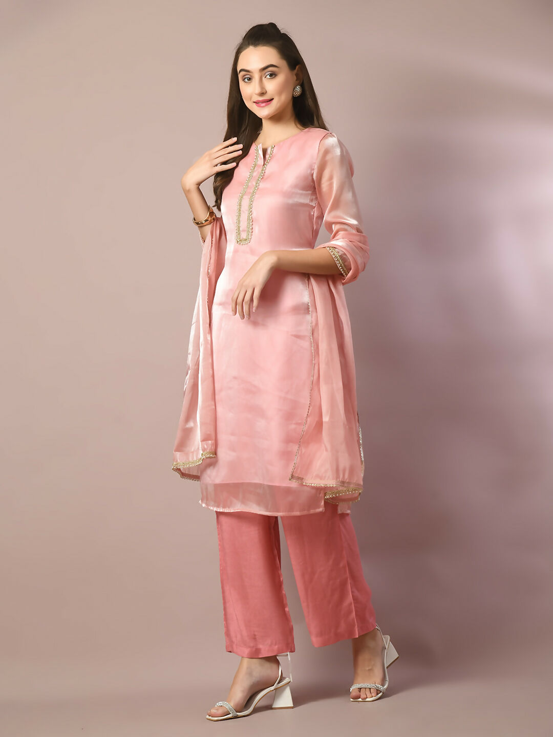 Myshka Women's Pink Solid Straight Party Kurta Set With Dupatta - Distacart
