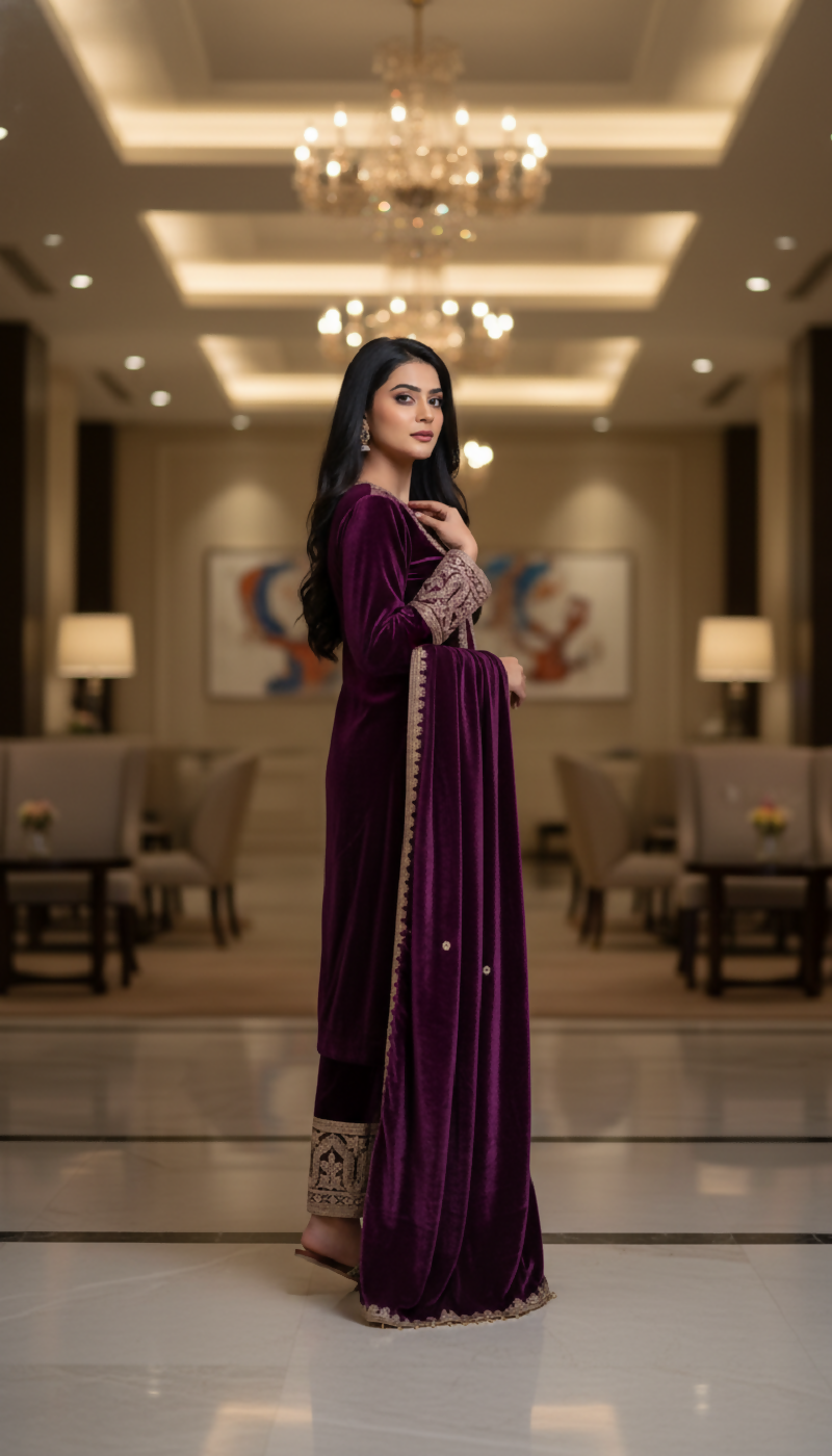 Joban Fashion Purple Velvet Embroidery Sequence Work Readymade Kurta Set - Distacart