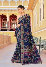 Thumbnail for Monjolika Fashion Silk Blend Navy Blue Printed Saree - Distacart