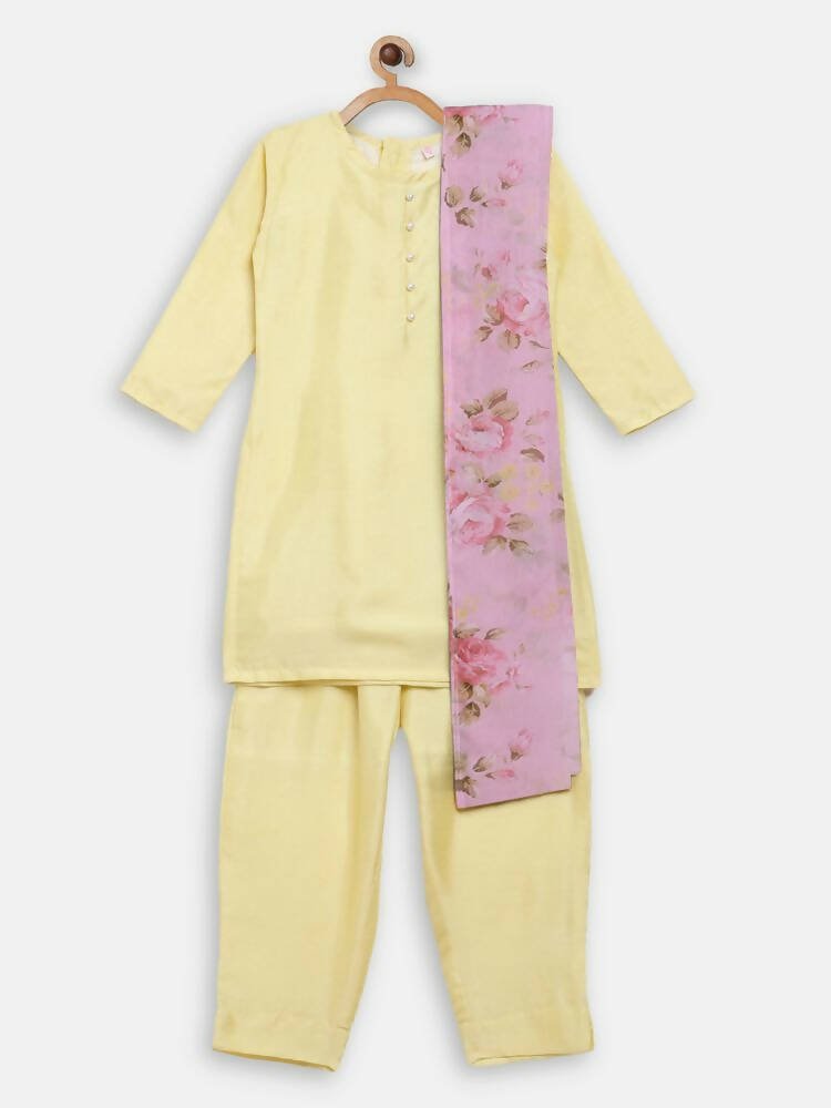 Ahalyaa Yellow Poly Silk Kids Kurta Pant With Dupatta For Girls - Distacart