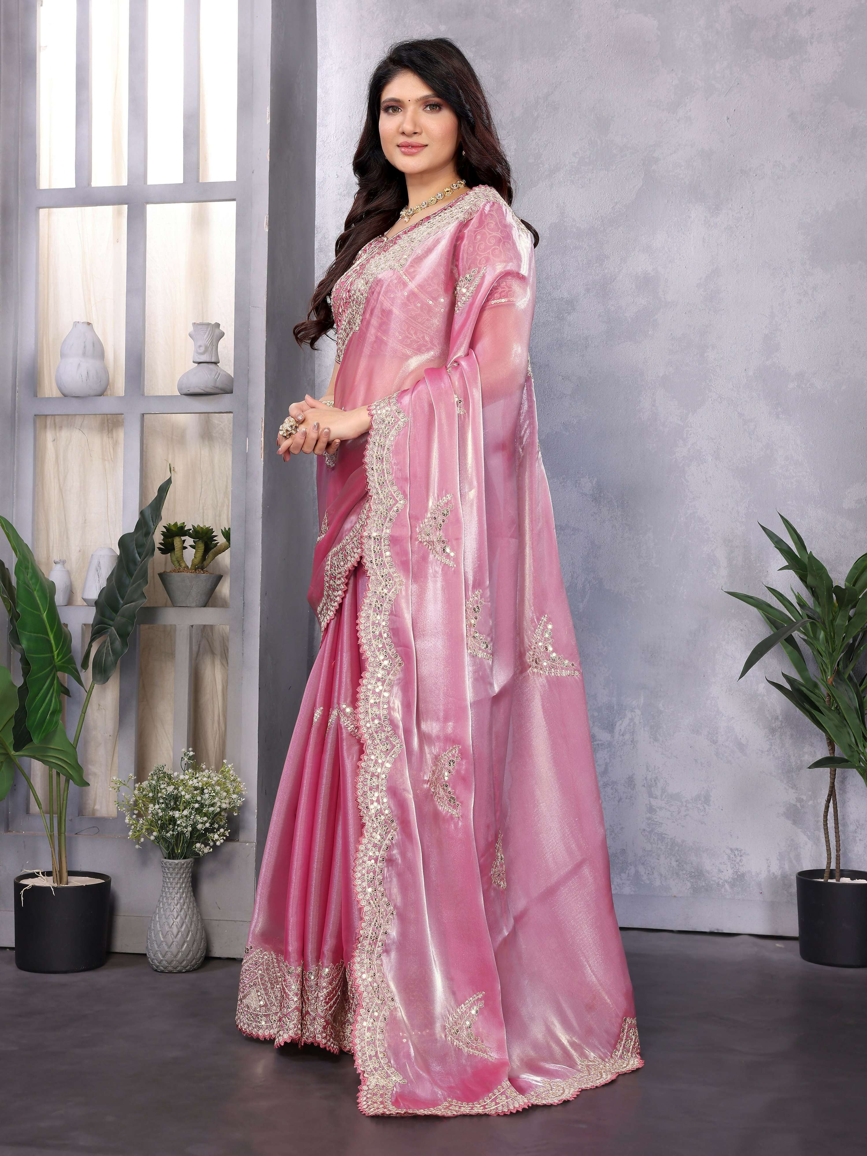 Vastranavya Baby Pink Embroidery Work Shimmer Chiffon Saree with Unstitched Blouse