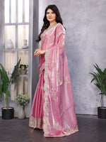 Thumbnail for Vastranavya Baby Pink Embroidery Work Shimmer Chiffon Saree with Unstitched Blouse