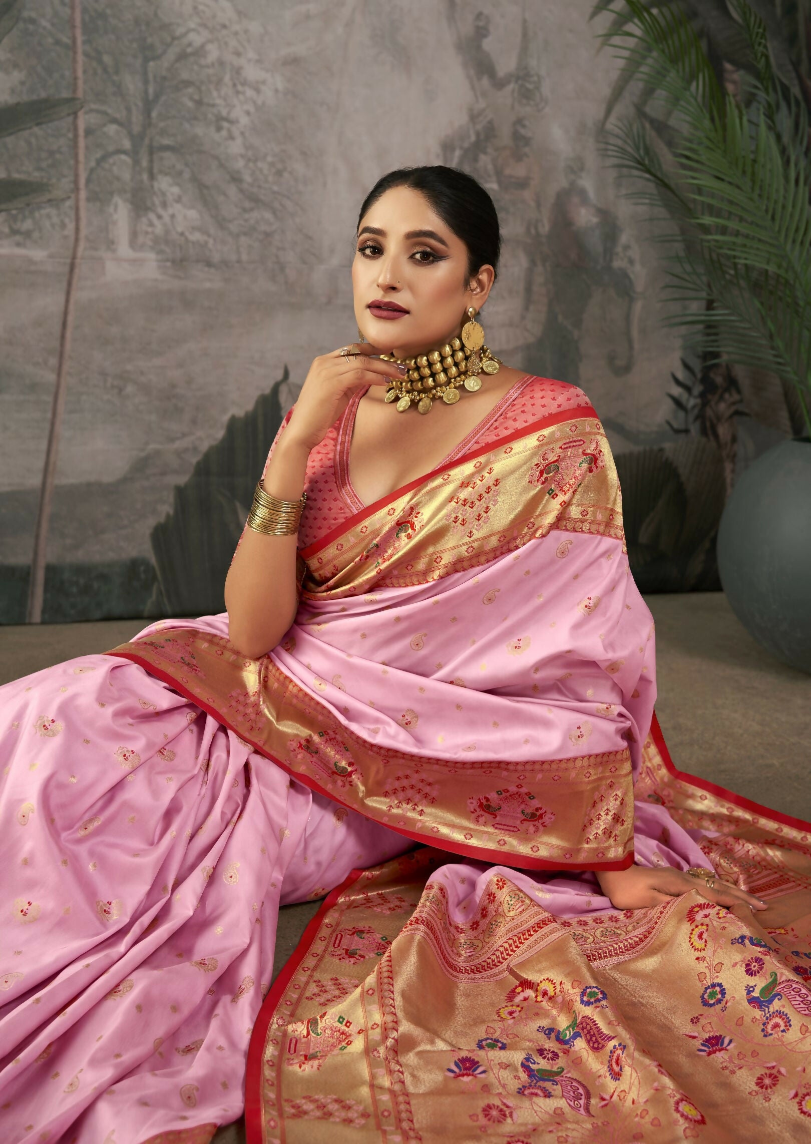 Vishnu Weaves Women's Baby-Pink Paithani Silk Saree with Blouse - Distacart