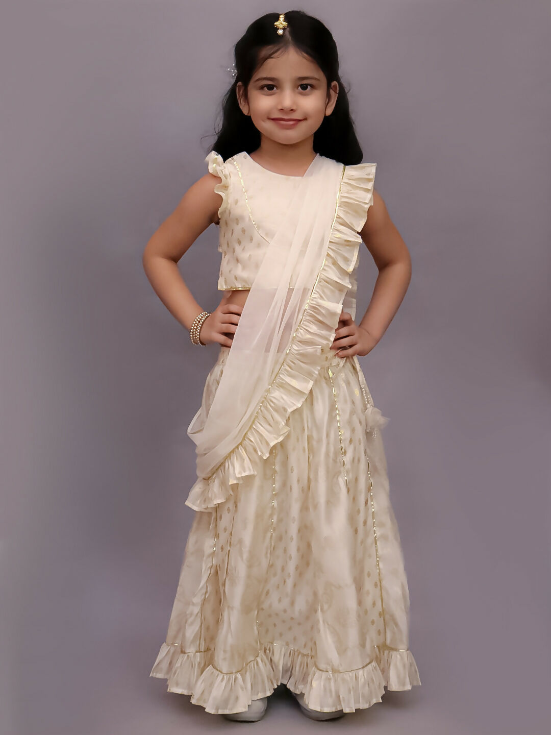 Lil Drama Mishti Off White Lehanga Choli Dupatta Set For Girls