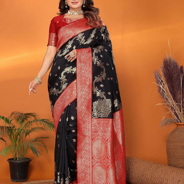 Joban Fashion Banarasi Black Woven Soft Silk Saree