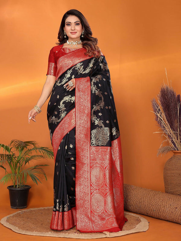 Joban Fashion Banarasi Black Woven Soft Silk Saree