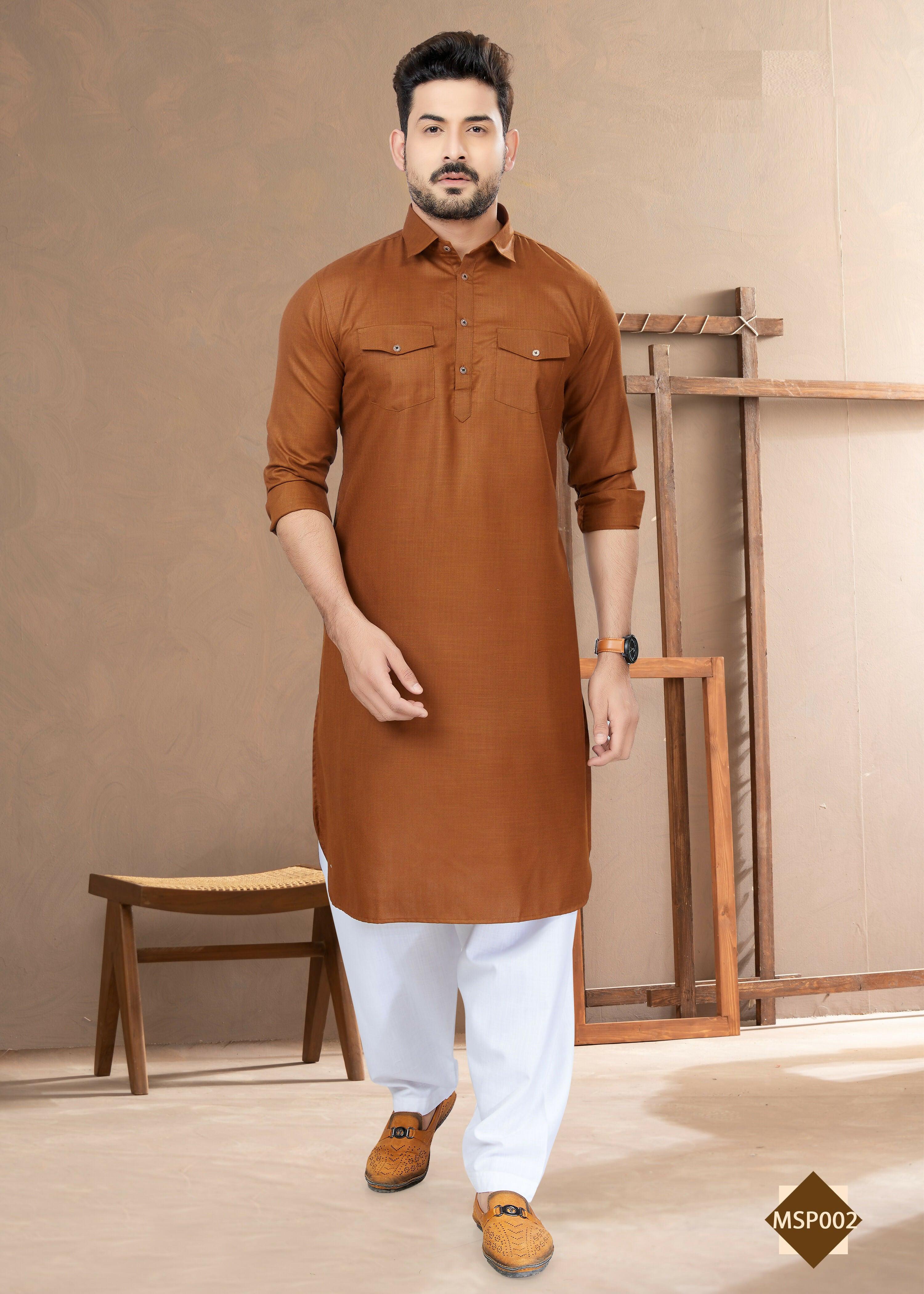 Joban Fashion Men's Dark Brown Heavy Cotton Plain Kurta Pyjama set - Distacart