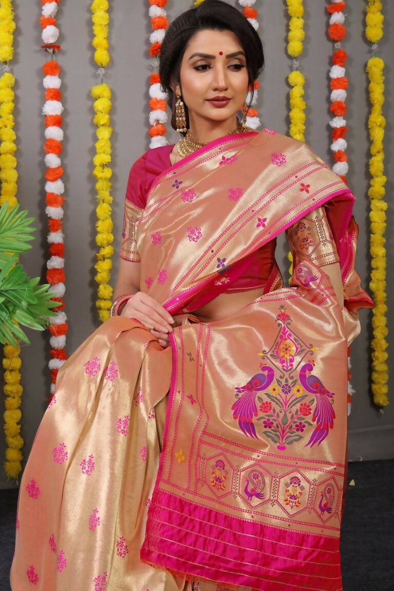 Jyoti Fashion Women's Rani Pink Paithani Silk Zari Woven Saree with Blouse - Distacart