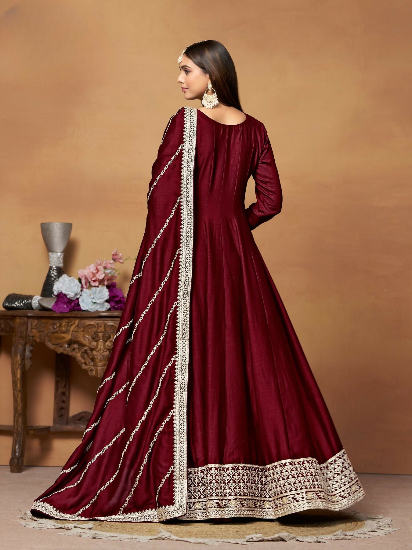 Anaita Maroon Embroidered Art Silk Anarkali Suit - Distacart