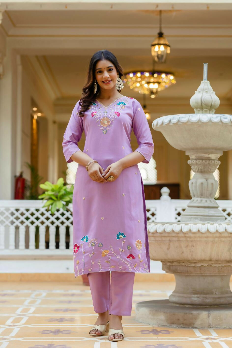 The52 Lavender Women's Gorgeous Embroidered work Viscose Gadhwal Fabric Straight Kurta, Pant and Dupatta Set - Distacart