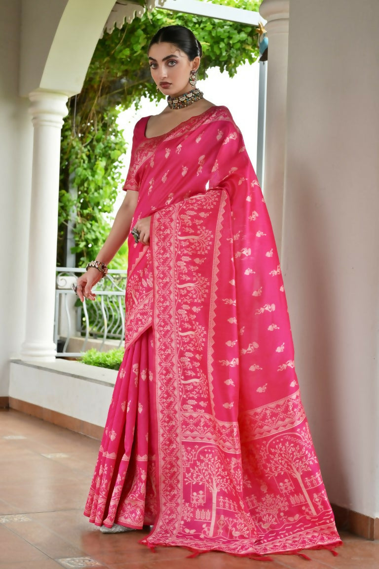 Vishnu Weaves Women's Rani Handloom Raw Silk Thread Weaving Saree with Blouse