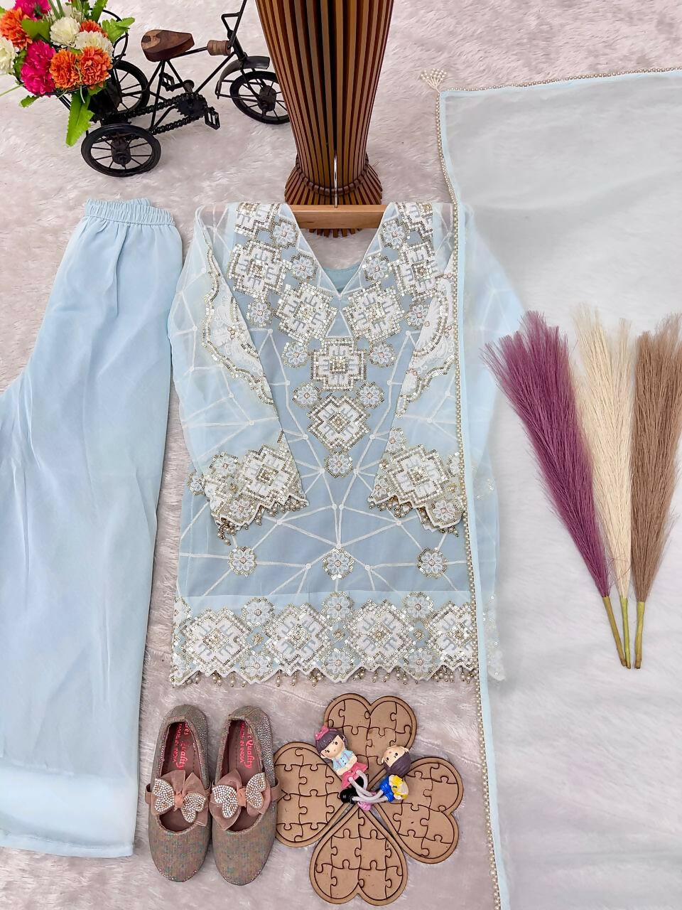 Teeya Creation New Kids Latest Trendy Kurta Palazzo Set-Blue - Dista