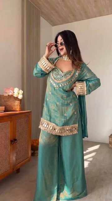 Teeya Creation New Trendy Stylish Real Mirror Work With Lace Border Kurta Set - Dista