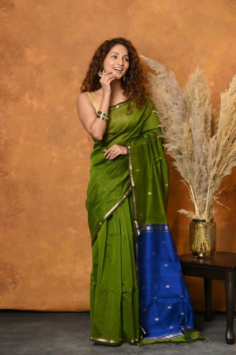 Very Much Indian Handloom Pure Cotton Silk Saree With Sleek Golden Border - Green - Distacart
