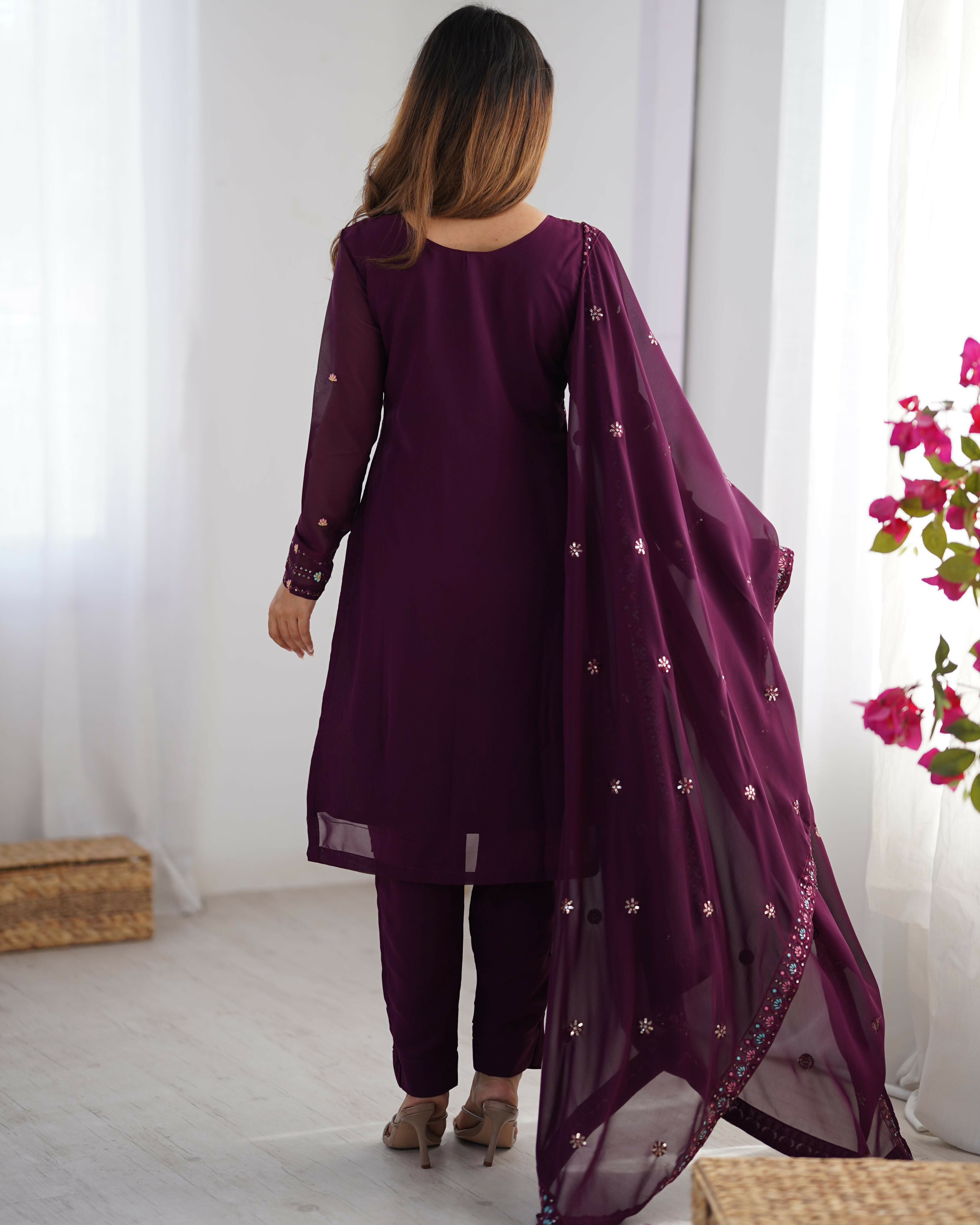 Joban Fashion Deep wine purple Kurta set with Pant Georgette Thread with Sequins work