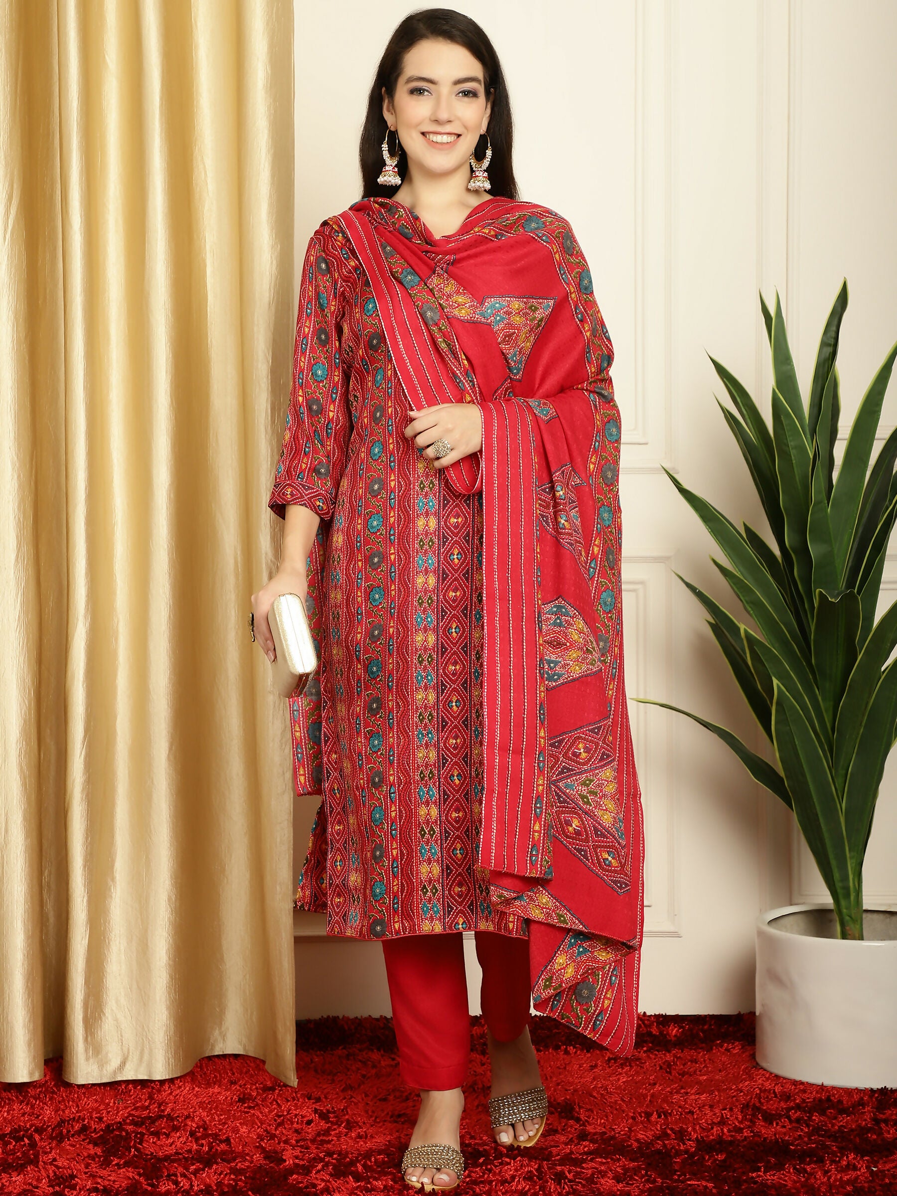 Jyoti Fashion Women's Red Pashmina Floral Digital Printed Kurta with Trouser & Dupatta - Distacart