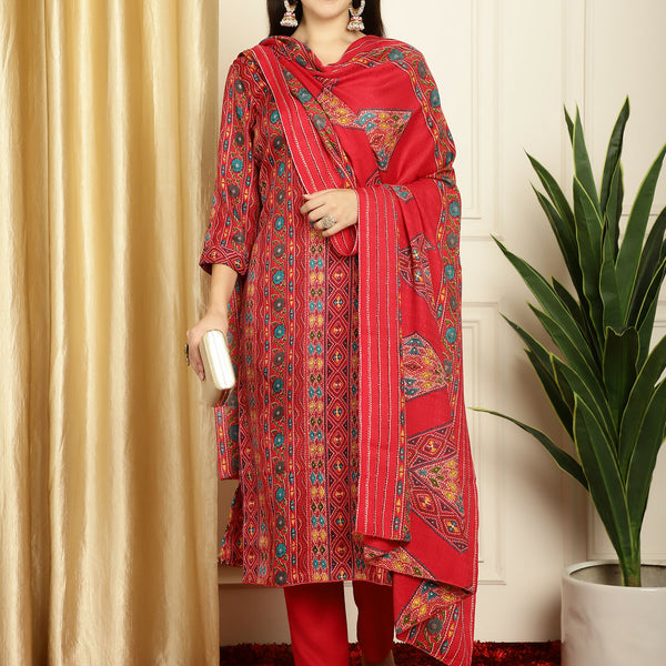 Jyoti Fashion Women's Red Pashmina Floral Digital Printed Kurta with Trouser & Dupatta - Distacart