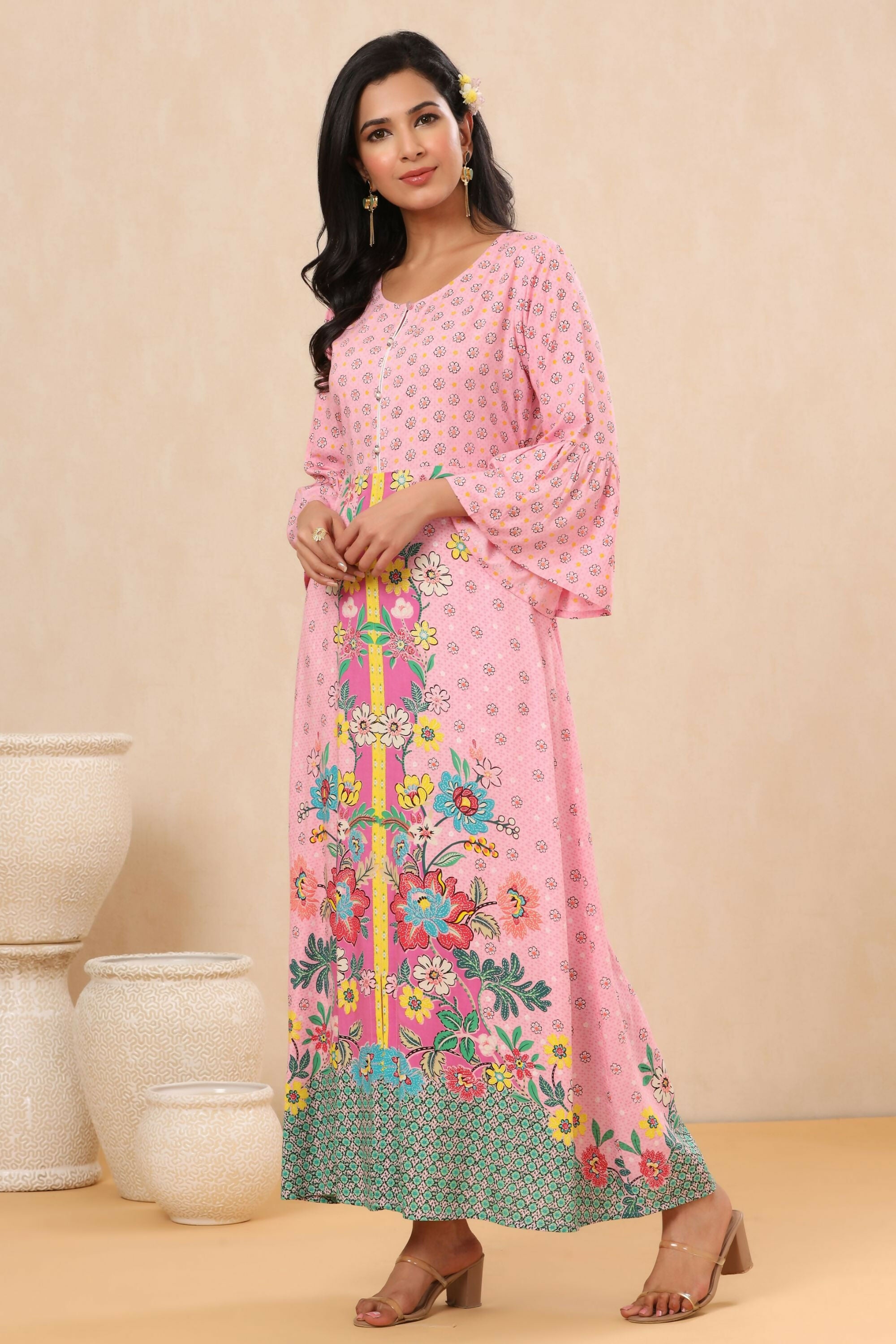 Juniper Pink Floral Printed Rayon Kurta With Buttons Closure At Back - Distacart