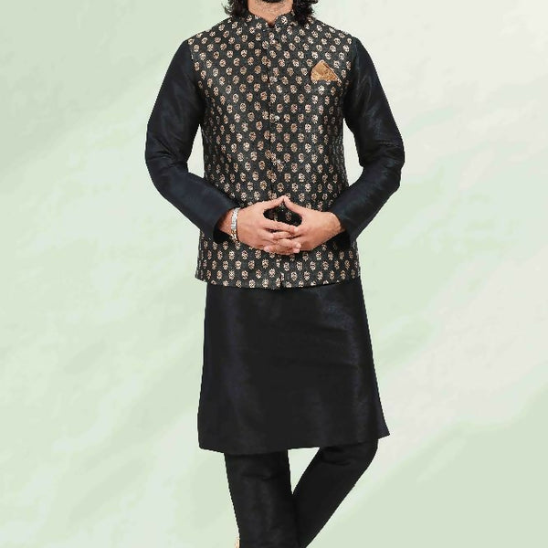 Raivat Ethnic Jacquard Banarasi Silk Woven Work 3 Pics Jacket Set In Black Colour - Distacart