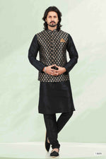 Thumbnail for Raivat Ethnic Jacquard Banarasi Silk Woven Work 3 Pics Jacket Set In Black Colour - Distacart