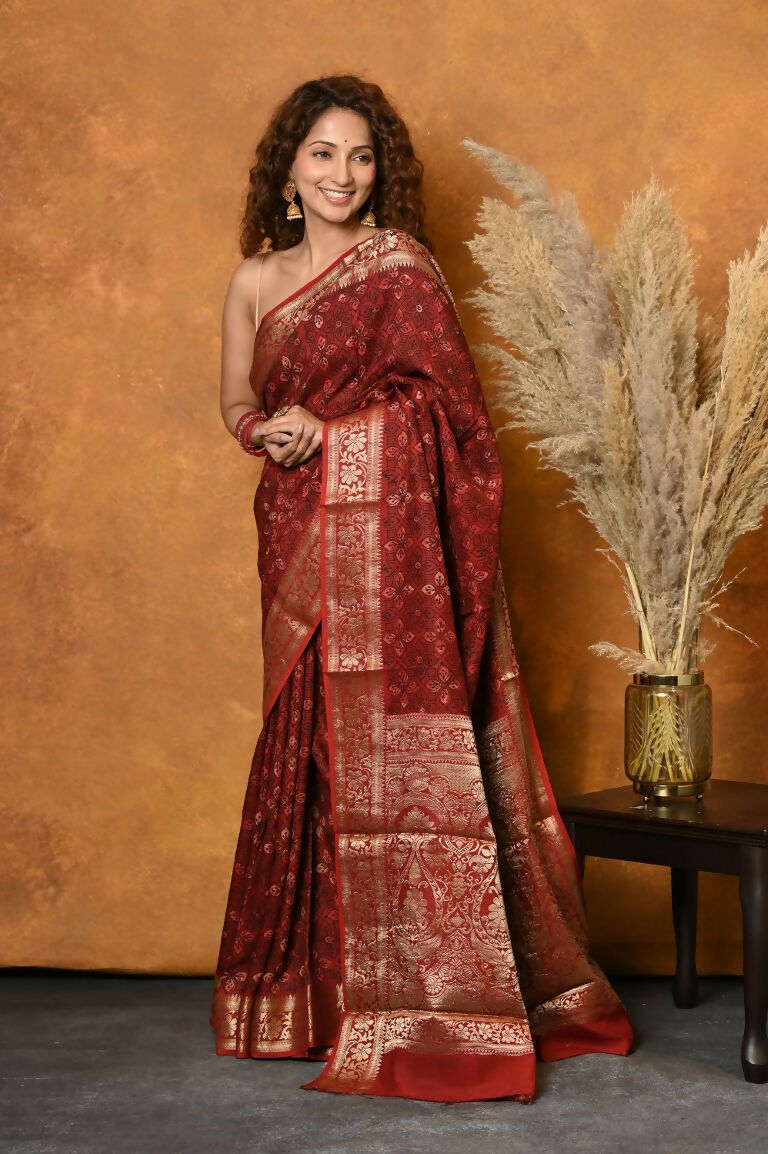 Very Much Indian Modal Silk Ajrakh Handblock Printed Natural Dyes With Designer Border Saree - Red - Distacart