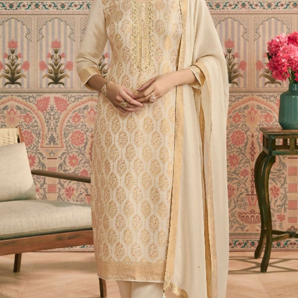 Anaita Beige Viscose Lotus Shimmer Stitched Suit with Jacquard Work - Distacart