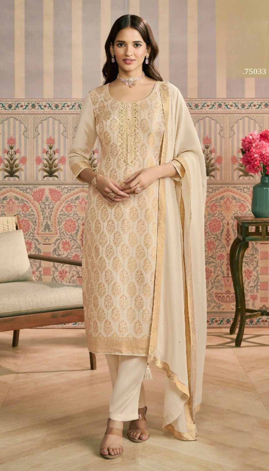 Anaita Beige Viscose Lotus Shimmer Stitched Suit with Jacquard Work - Distacart