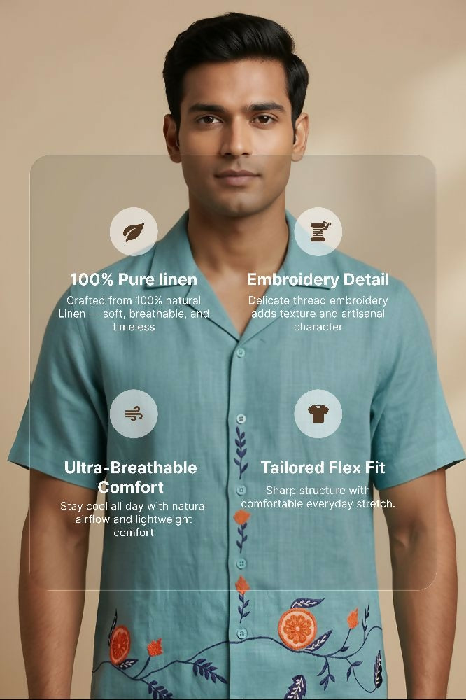 Coastline — Sea Green Embroidered Linen Shirt by Hilo Design - Dista