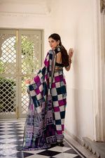 Thumbnail for Vastranavya Navy Blue Viscose Chanderi Printed with Temple Border Saree & Unstitched Blouse - Distacart