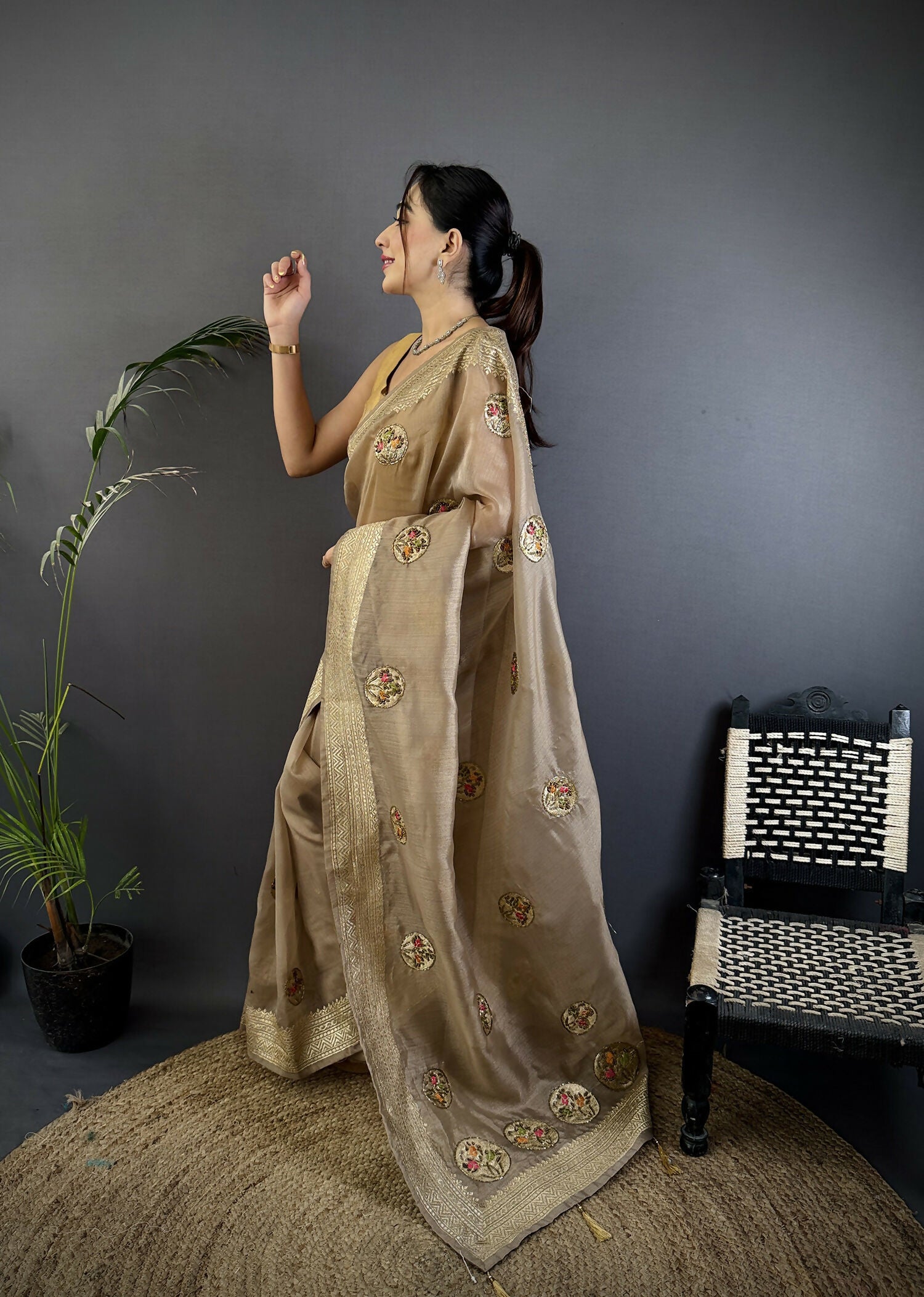 Joban Fashion Mud Brown Handloom Banarasi Organza Silk Khatali Butta Work Saree