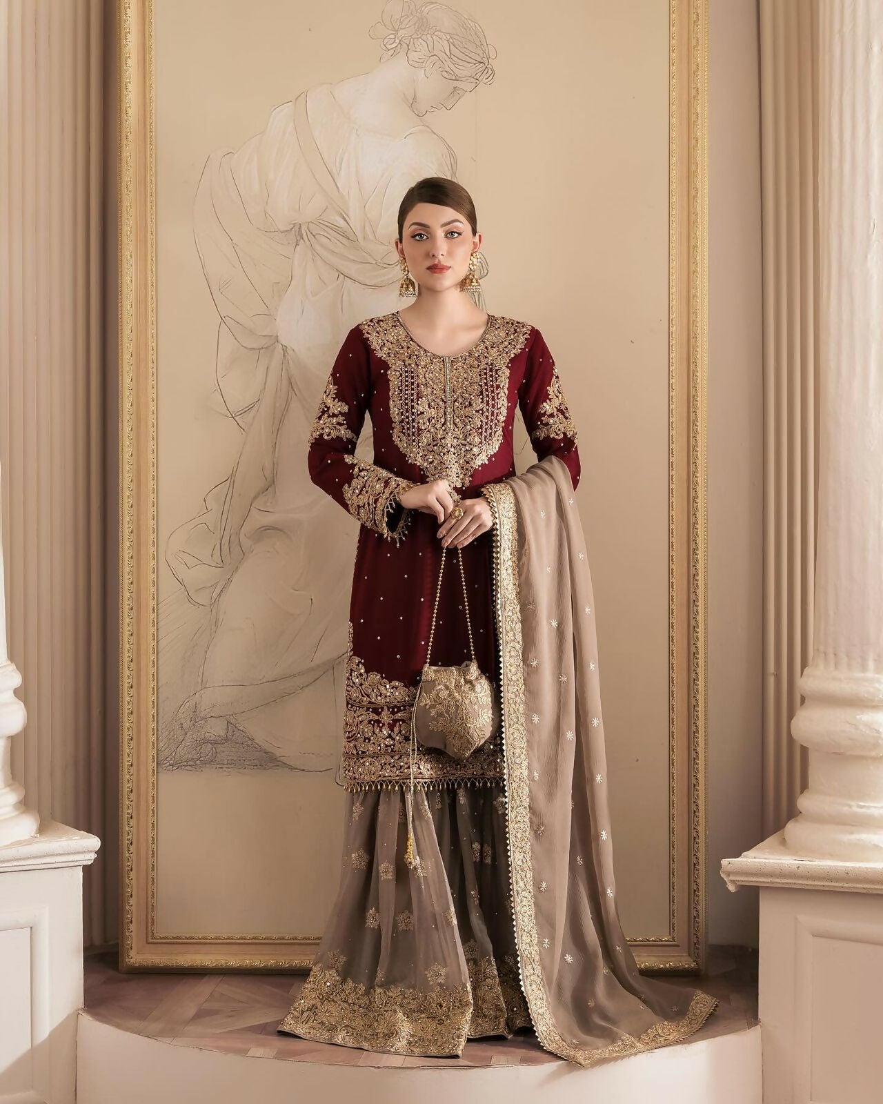 Joban Fashion Maroon Sharara Georgette Sequence with Pearl work & Fancy Lace.
