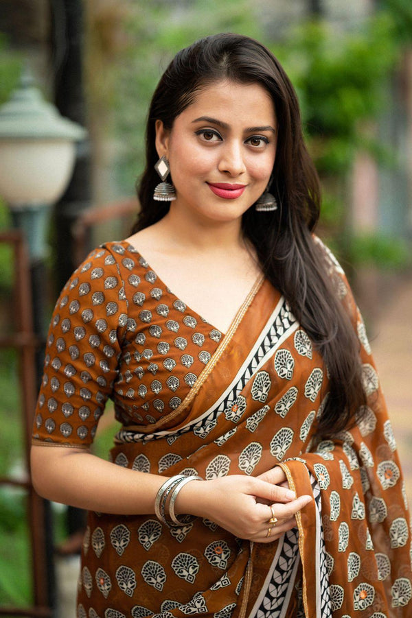 Mustard Poly Georgette Ajrak Saree with Unstitched Blouse - Hiral Fashion - Distacart