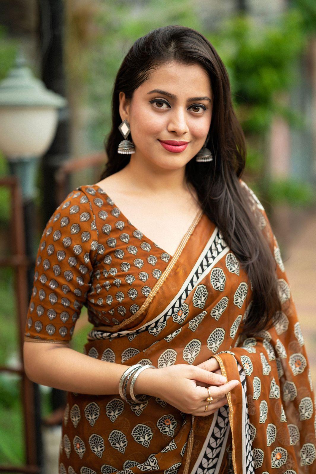 Mustard Poly Georgette Ajrak Saree with Unstitched Blouse - A2M - Distacart